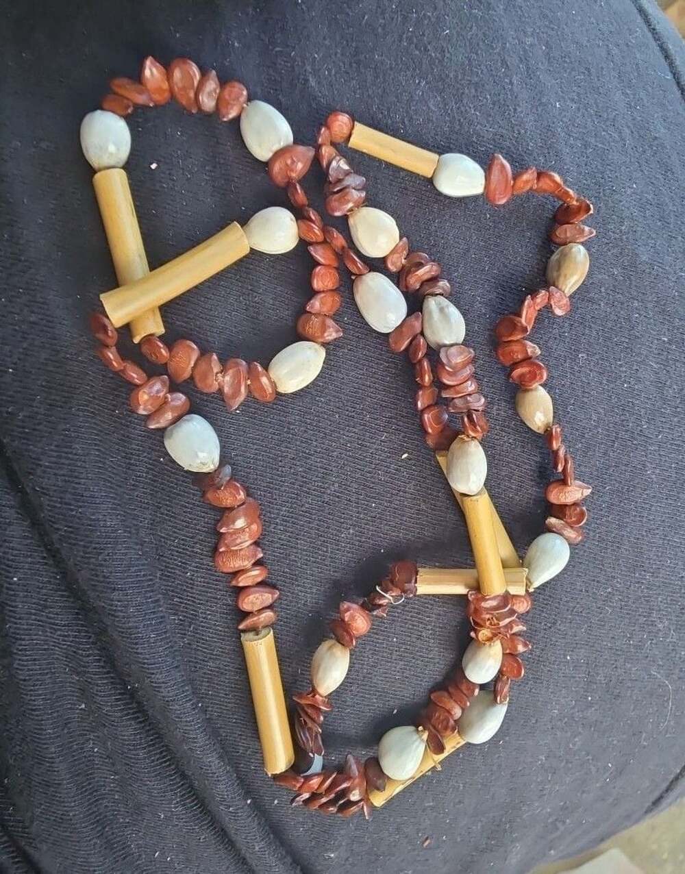 Vintage Handmade Long Nut And Seed Statement Necklace Boho Jewelry